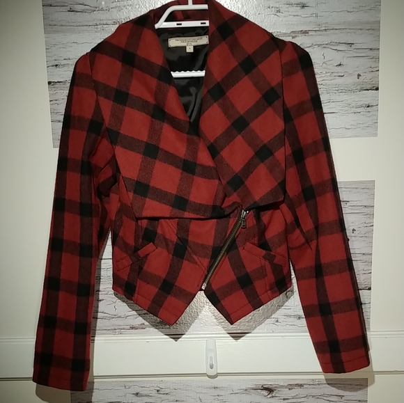 Small Cropped Plaid Wool Jacket w/ Asymmetric Zip - Picture 2 of 5